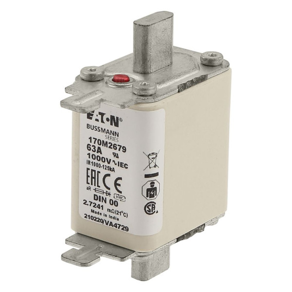 Fusible grande vitesse Eaton Bussmann series 63A, AC 1000V DIN 00 avec indicateur unique