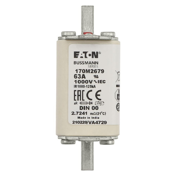 Fusible grande vitesse Eaton Bussmann series 63A, AC 1000V DIN 00 avec indicateur unique