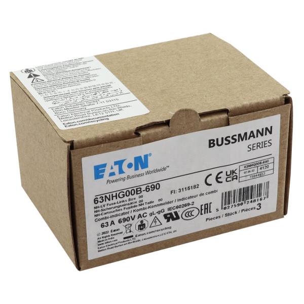 Nh fuse 63amp 690v gg size 00  - Eaton - 63NHG00B-690