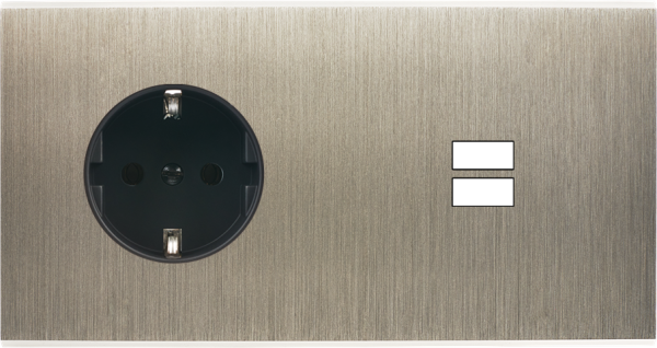 Façade confidence laiton acier brossé double horizontale prise schuko 2p+t ouverture pour chargeur double usb 