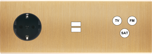 Façade confidence laiton brossé triple horizontale prise schuko 2p+t ouverture pour chargeur double usb 1 tv-fm-sat 