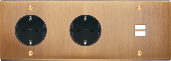 Façade confidence laiton vieux bronze triple horizontale prise schuko 2p+t prise schuko 2p+t ouverture pour chargeur double usb vis - Modelec - 337417-K