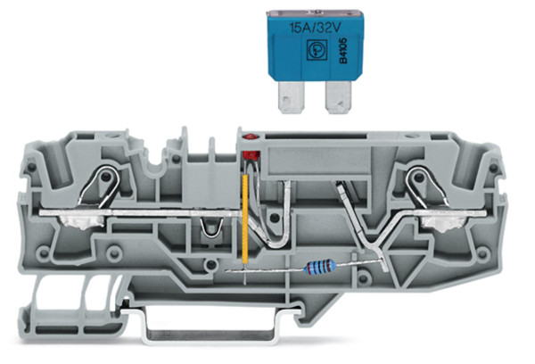 Borne à fusible pour 2 conducteurs, avec ouverture de test 48 v, gris