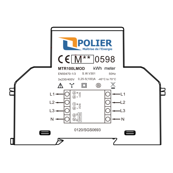 Compteur électrique modulaire Polier tétrapolaire 100A certifié MID - Simple tarif