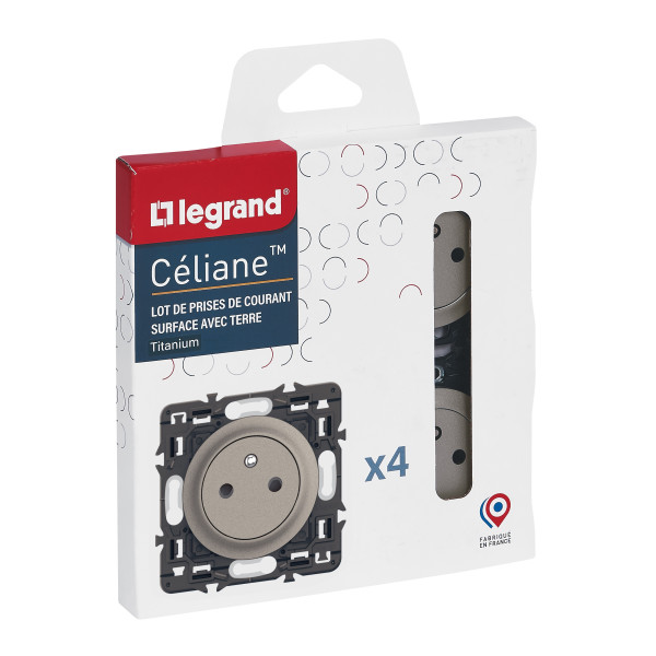Lot 4 prises 2p+t surface céliane enjoliveurs titanium et supports