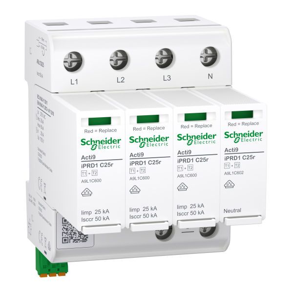 Acti9 iprd1 c25r - parafoudre type 1+2 - 18mm - 3p+n - imp=25ka/in=20ka/icc=50ka