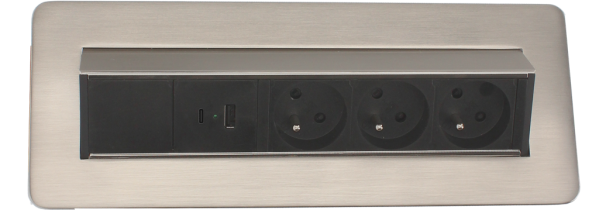 Prises pivotantes acier Arlux Tech - bloc encastré de 3 prises 2P+T et 2 ports USB C