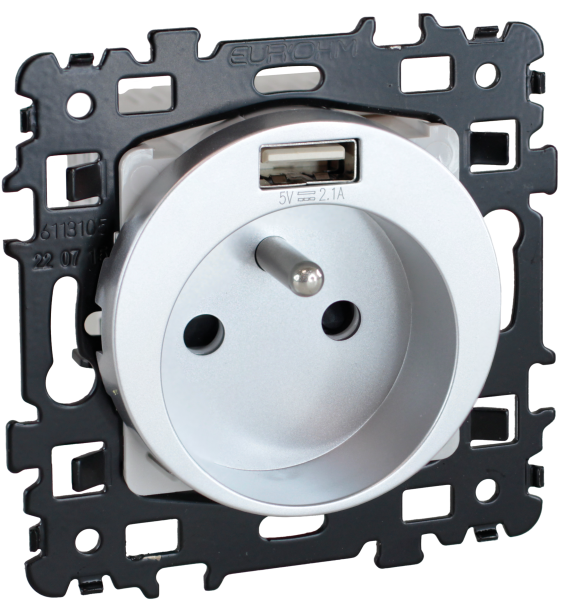 Square prise 2p+t + usb silver