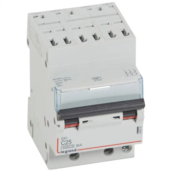Disjoncteur Legrand DX³ 4500 - 6kA - 3P - 25A - Courbe C - Arrivée haute automatique / Sortie basse à vis - 400V - 3 modules