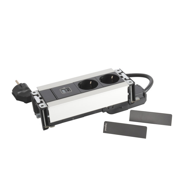 Prise multilink horiz. pour mobilier 2x2p+t schuko + usb c 30w - cord 2m - métal