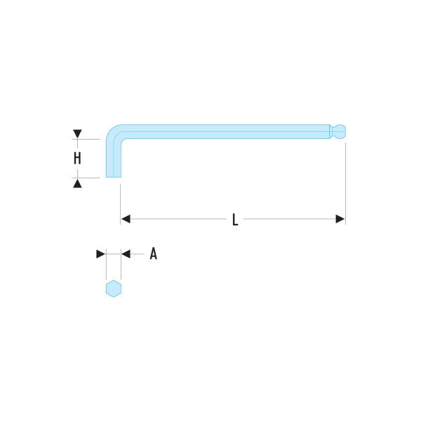 Clé mâle longue métrique, tête sphérique, 2,5 mm