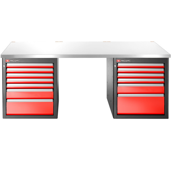 Établi 2,2 m, 13 tiroirs, 569 x 421 mm, plateau inox, version basse