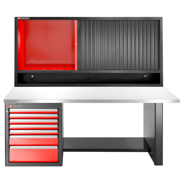 Établi 2,2 m, 7 tiroirs, 569x421mm, plateau inox, armoire rideau, version basse
