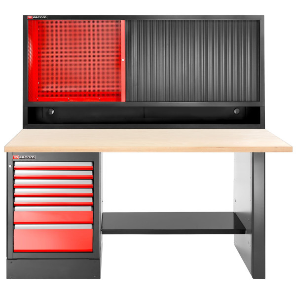 Établi 2,2 m, 7 tiroirs, 569 x 421 mm, plateau bois, armoire rideau, version hau