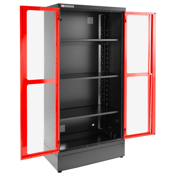 Armoire 2 portes vitrées plexi, 3 étagères, l 1000 x p 506 x h 2060 mm, rouge