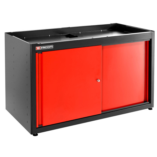 Meuble bas double, 2 portes pleines coulissantes, 1 étagère, rouge