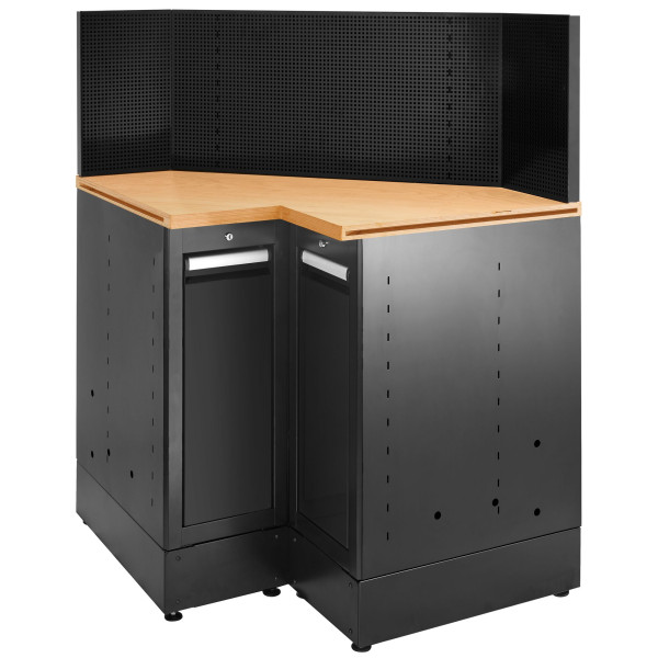 Meuble bas angle, 2 tiroirs verticaux, plateau bois, noir
