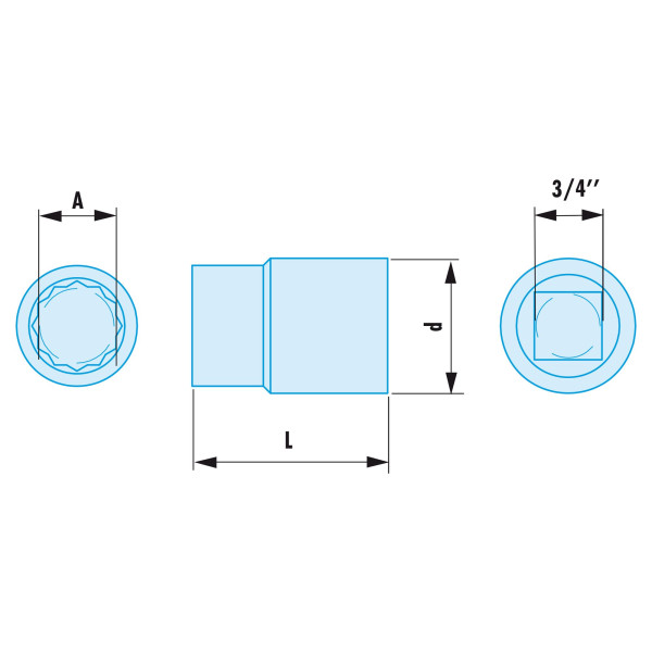 Douille 3/4”, 12 pans, métrique, 21 mm