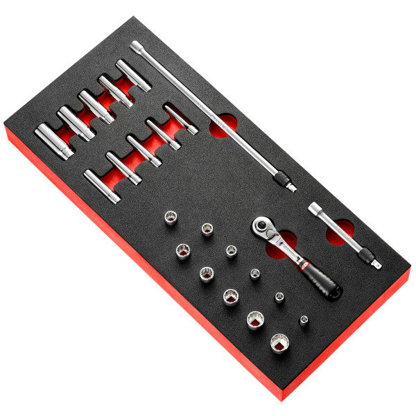 Module mousse cliquet à verrouillage 1/4" et douilles en pouces