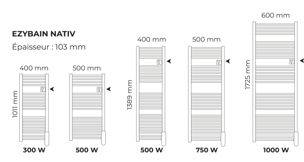 Ezybain nativ - radiateur sèche-serviettes 1000 w largeur 600 blanc