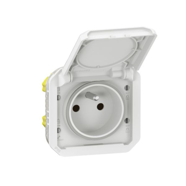 Prise de courant 2P+T étanche Plexo Legrand 16A 250V IP55 IK08 livrée complète pour fixation en encastré - blanc