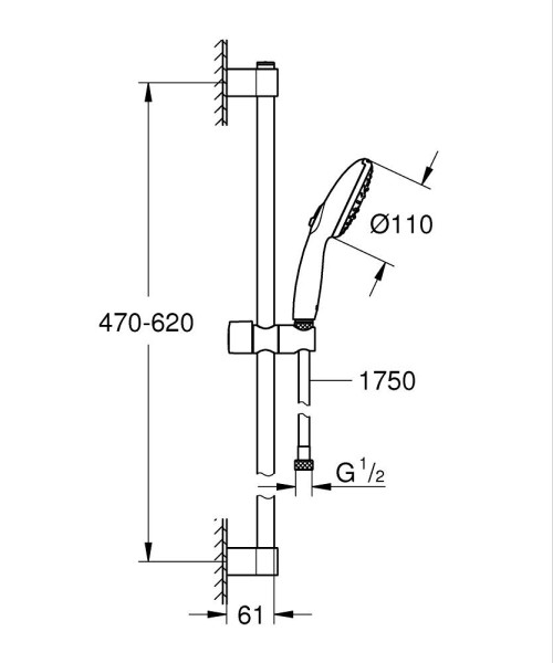 Ensemble de douche 3 jets 8l avec barre 600 mm tempesta 110 chromé