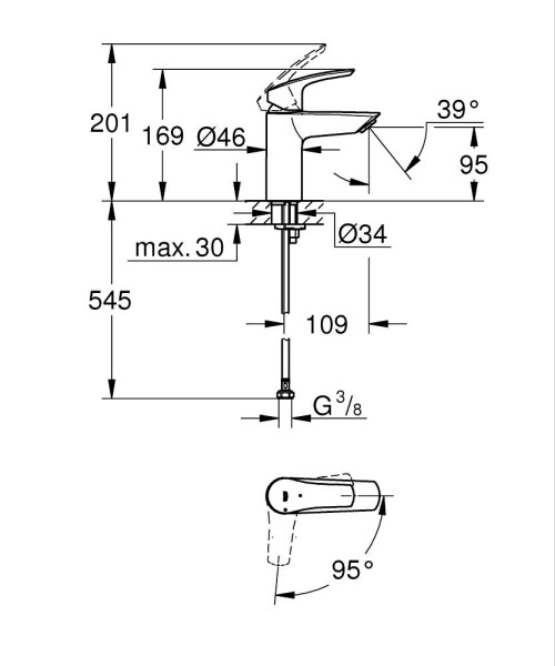 Mitigeur lavabo cartouche ch3 corps lisse taille s eurosmart chromé