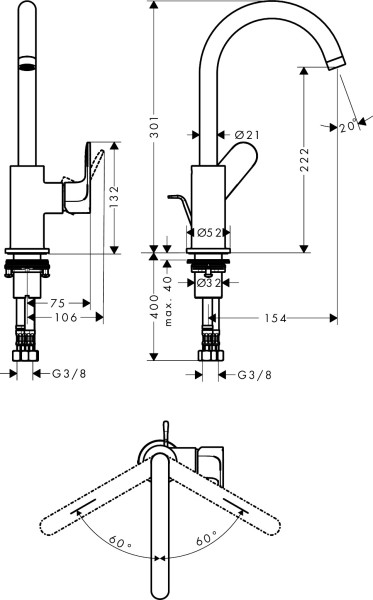 Mitigeur de lavabo 210 avec bec orientable, tirette et vidage noir mat
