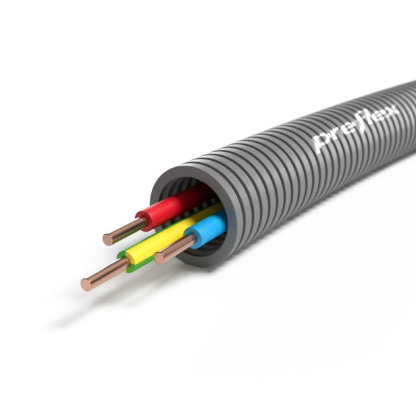 Gaine ICTA 3G2,5mm² diamètre 20 Qofil Preflex R/B/VJ grise couronne de 100m