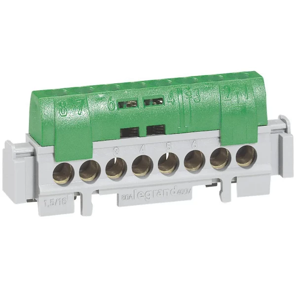 Bornier de répartition isolé IP2X phase Legrand 8 connexions 1,5mm² à 16mm² longueur 75mm vert