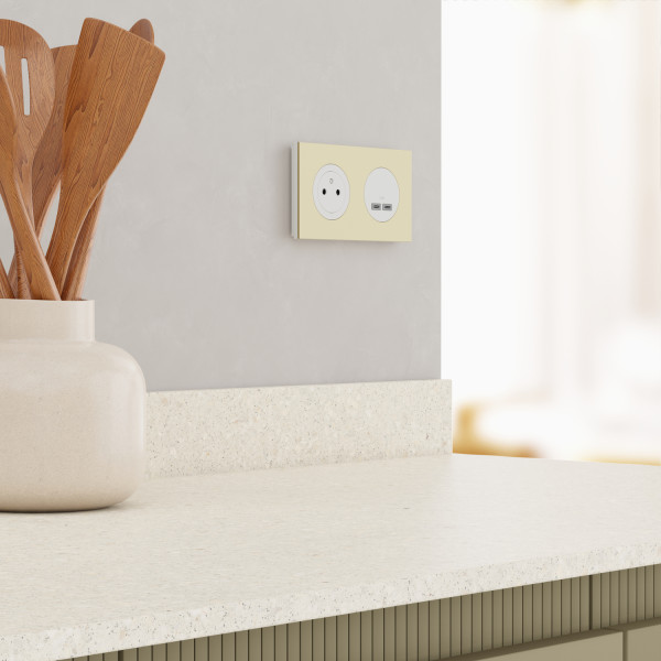 Odace métal - plaque de finition 2 postes - effet laiton support blanc