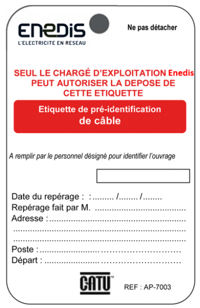 Etiquette de pré-identification de câble enedis. Matière plastique. 75x120mm. - Catu - AP7003