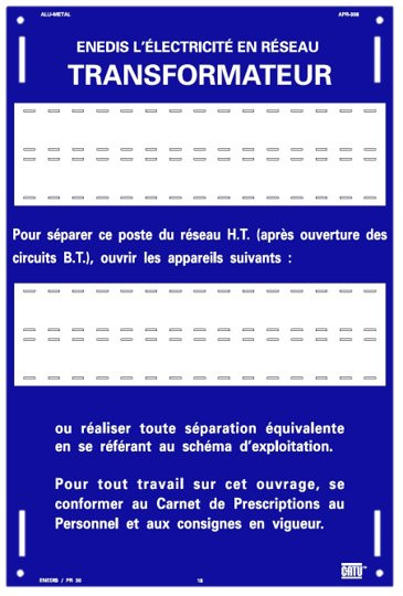 Plaque alumétal de signalisation"enedis transformateur"60car. 300 x 200 mm. - Catu - APR308