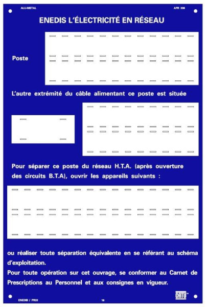 Plaque alumétal de signalisation" enedis" pour transformateur 300 x 200 mm. - Catu - APR338