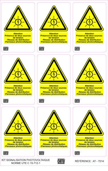 Planche de 9 étiquettes autocollantes pour installations "att" photovoltaïques. - Catu - AT7014