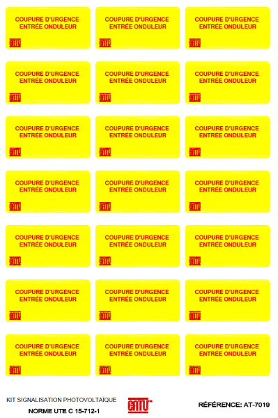 Planche de 21 étiquettes autocollantes "coupure d'urg., entrée ond." 40 x 20 mm. - Catu - AT7019