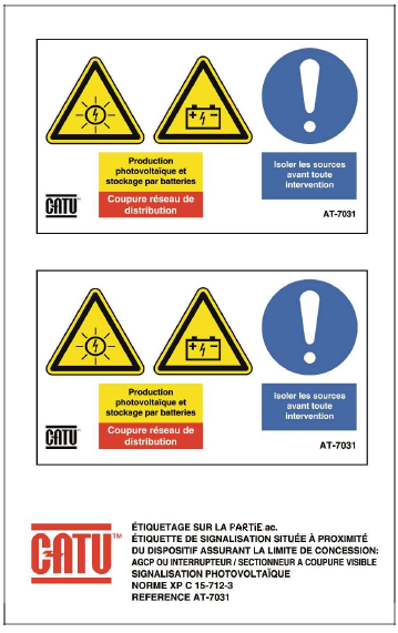 Planche de 2 étiqu. autocoll. "prod. Photovol. et stock..." 110 x 65 mm. - Catu - AT7031