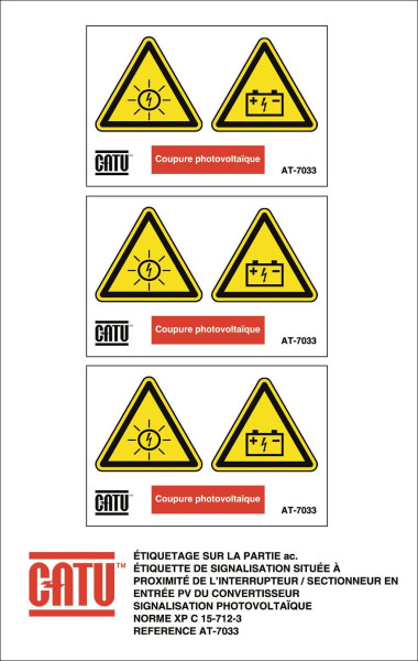 Planche de 3 étiquettes autocollantes "coupure photovoltaïque" 75 x 50 mm. - Catu - AT7033