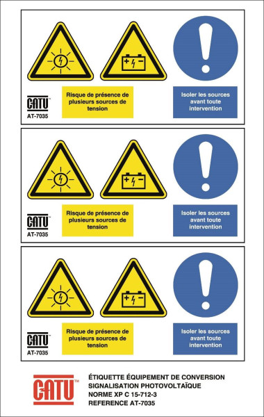 Planche de 3 étiq autocol "risq de présence de plus srces de tens." 110 x 65 mm. - Catu - AT7035