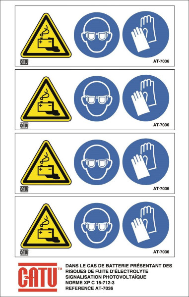 Planche de 4 étiquettes autocol. "danger batt, lunettes, gants"  110 x 42 mm. - Catu - AT7036