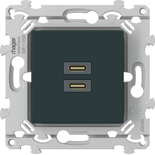 Chargeur essensya double usb c+c 20w anthracite - Hager - WE116A