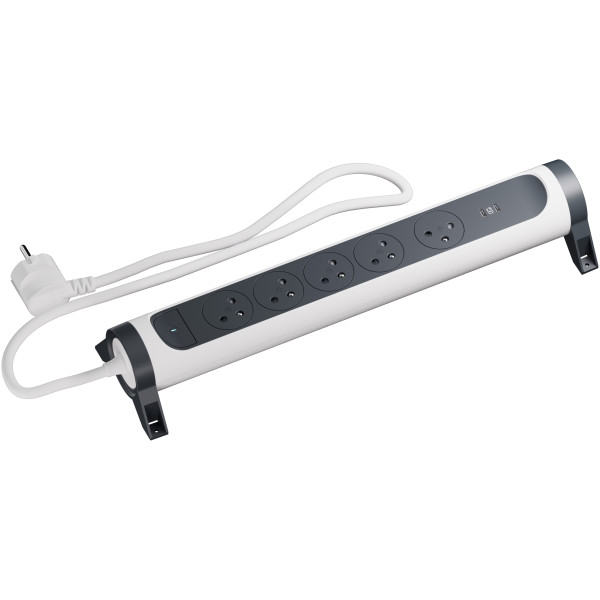 Multiprise 5x2p+t surface 16a 230v-3680w + double usb c - cordon 1,5m - b/n - Legrand - 049646