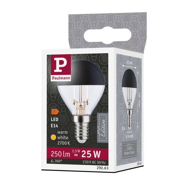Ampoule led e14 sphèrique calotte réfle 2,5w 250lm 2700k noir mat h78mm d45mm - Paulmann - 29263
