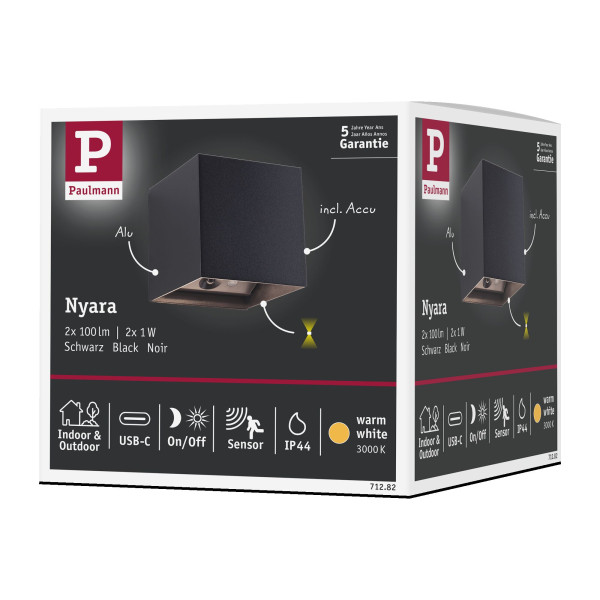 Sdb applique mobile nyara ip44 __w  100mm 170lm 3000k sensor usbc mét plast noir - Paulmann - 71282