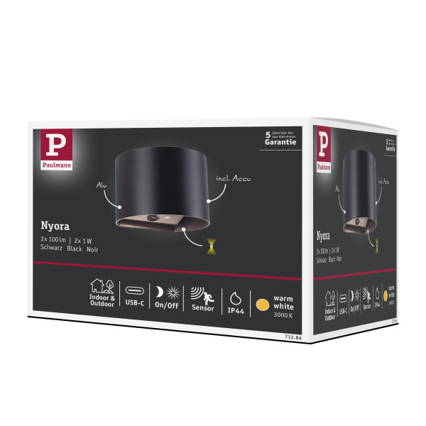 Sdb applique mobile nyara ip44 __w  140mm 170lm 3000k sensor usbc mét plast noir - Paulmann - 71284