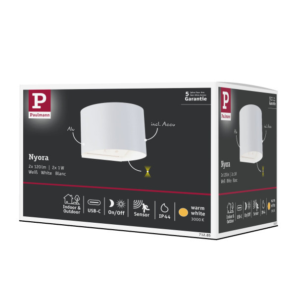 Sdb applique mobile nyara ip44 __w  140mm 170lm 3000k sensor usbc mt plast blanc - Paulmann - 71285