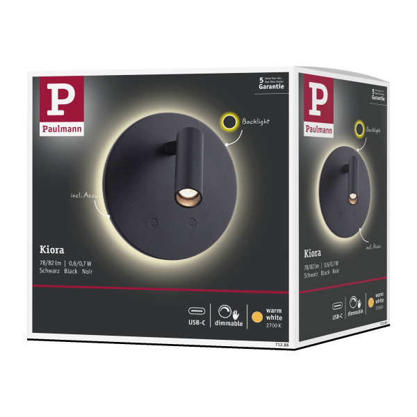 Applique led kiora 1,5w 150lm 2700k dimmable usbc plastique noir 230v - Paulmann - 71286