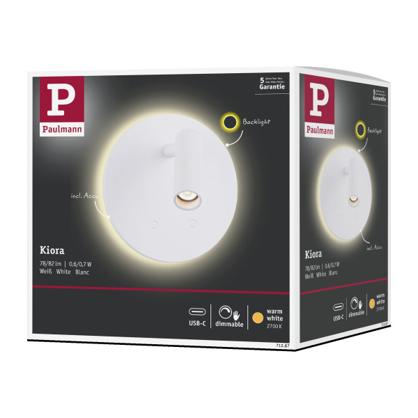 Applique led kiora 1,5w 150lm 2700k dimmable usbc plastique blanc 230v - Paulmann - 71287