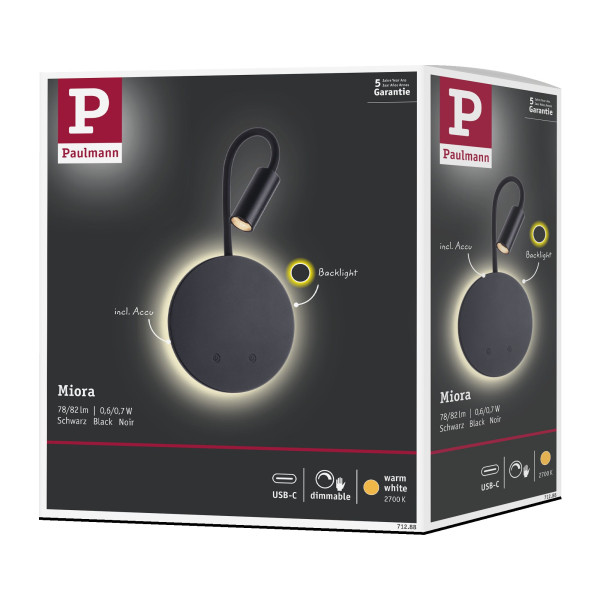Applique led miora 1,5w 150lm 2700k dimmable usbc plastique noir 230v - Paulmann - 71288