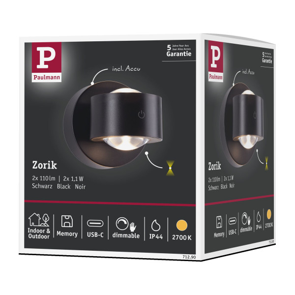 Applique led zorik 3w 180lm 2700k dimmable usbc plastique noir ip44 230v - Paulmann - 71290